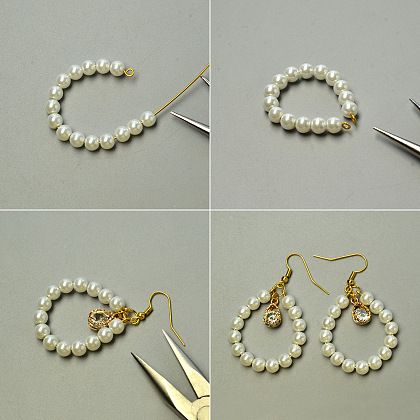 four pictures showing how to make beaded hoops with pearls and gold pliers