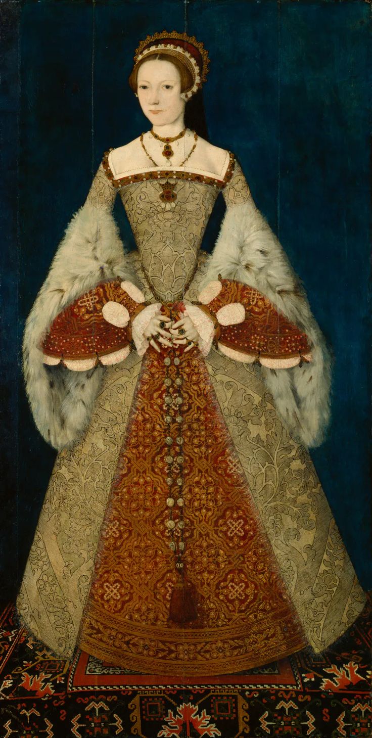 a painting of a woman in an ornate dress with furs on the shoulders and arms