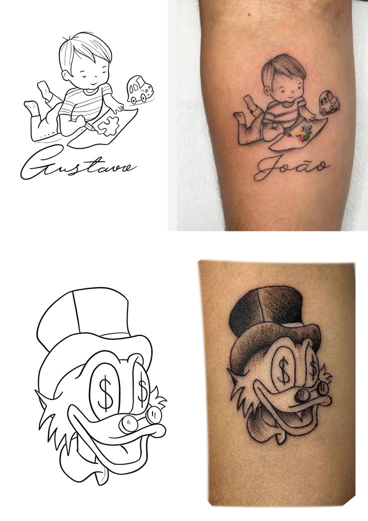 three different tattoos with cartoon characters on them