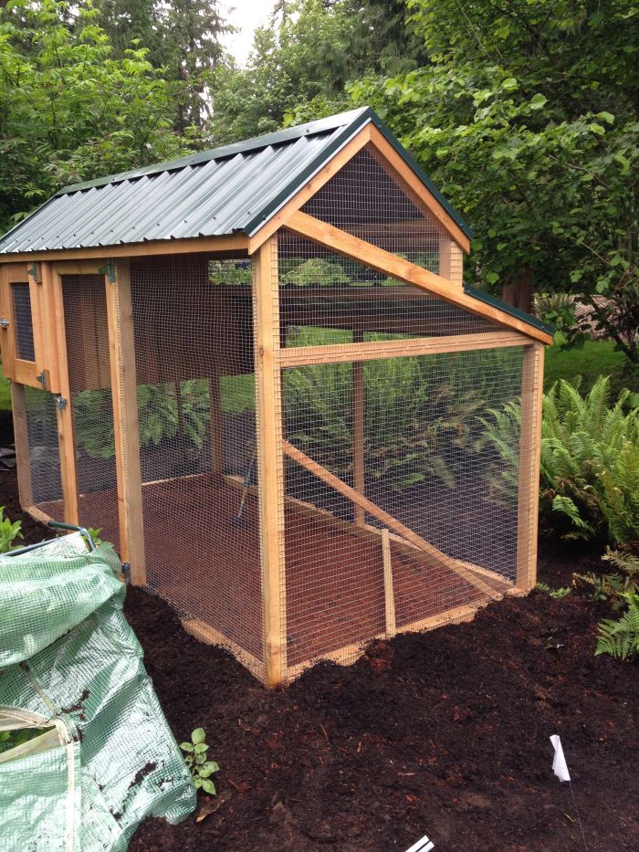 a small chicken coop in the middle of some dirt