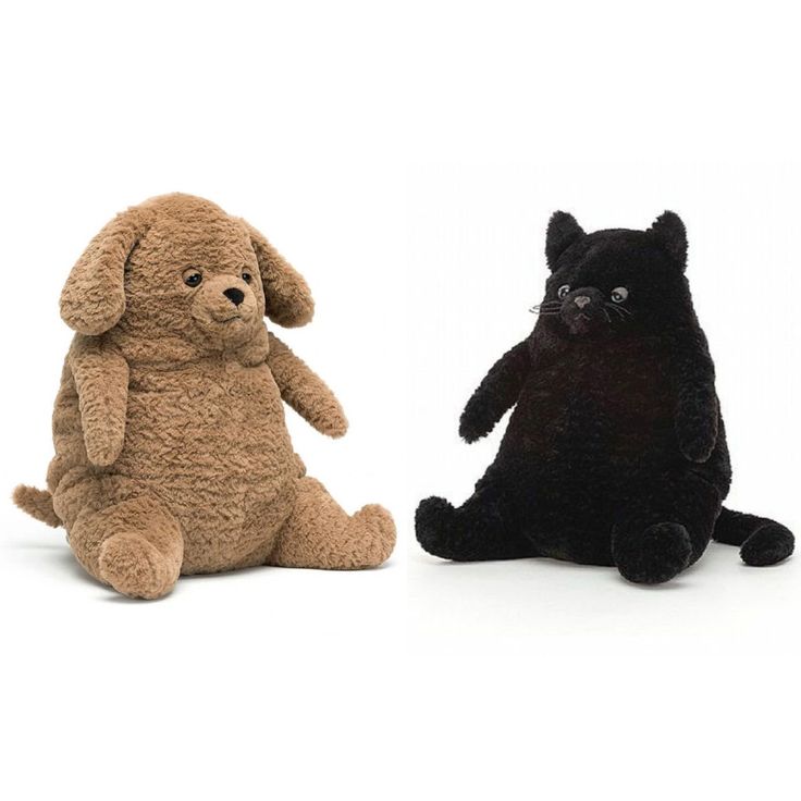 two stuffed animals sitting next to each other in front of a white background, one black and one brown