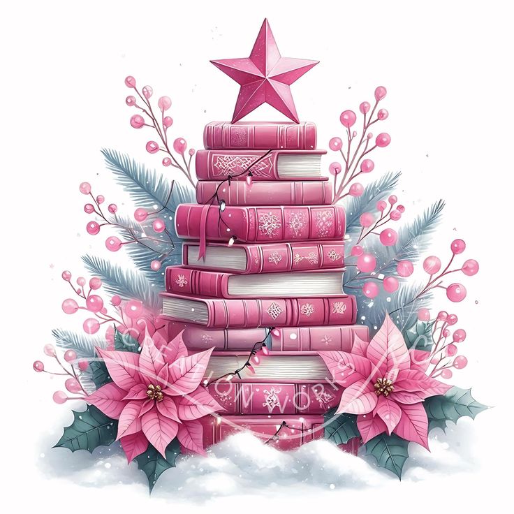 a christmas tree made out of books and poinsettis with a star on top