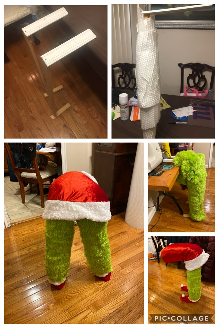 several pictures of the same person dressed up as santa clause, in different stages of construction