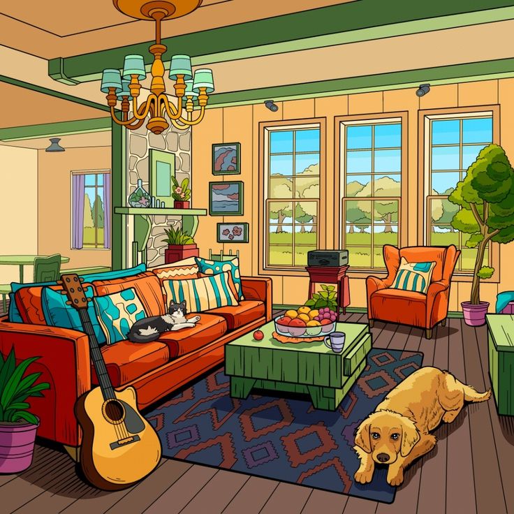 a living room filled with lots of furniture and a dog laying on top of a rug