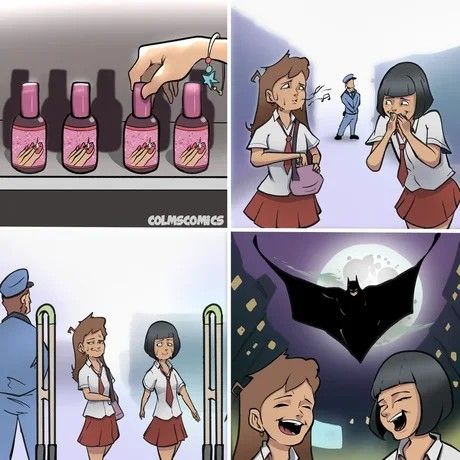 the comic strip shows two people in front of bottles and one woman holding a bat