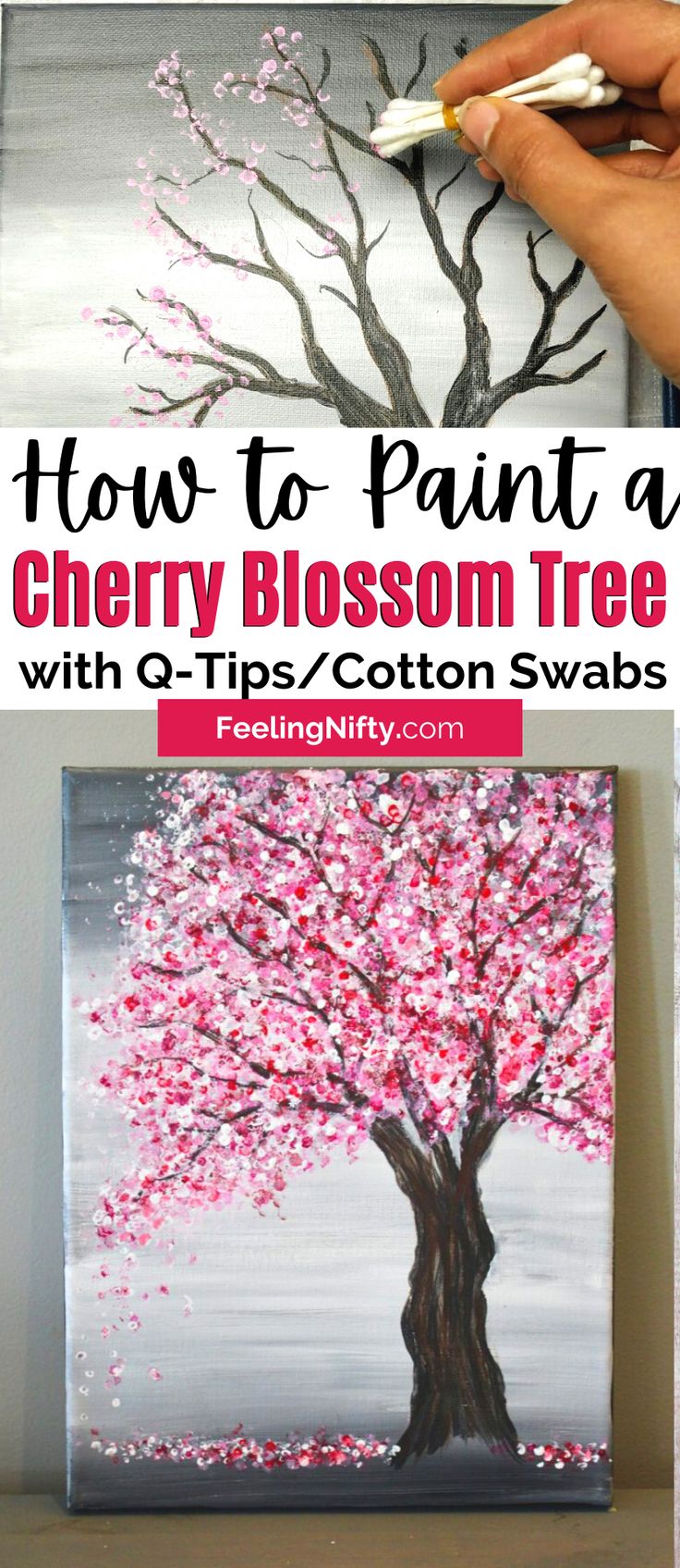 how to paint a cherry blossom tree with q tips cotton swabs on canvas