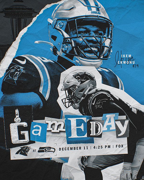 a poster with a football player holding a helmet on it's chest and the words game day written in blue