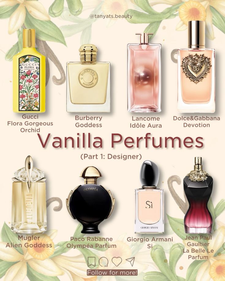 Vanilla is by far the most popular note in modern perfumes for women. It is impossible to recommend only one or a few best vanilla scents, that’s why I’ll prepare series of posts, starting with the most popular or newest designer options 👇🏻 ▫️ Gucci Flora Gorgeous Orchid — the newest release from the brand, and it’s the least floral in the range. Vanilla orchid basically smells like vanilla with tiny bit of tropical vibe. ▫️ Burberry Goddess — a beautiful classy vanilla scent with lavende... Gucci Flora Gorgeous Orchid, Good Perfumes For Women, Best Vanilla Perfume For Women, Smell Like A Goddess, Vanilla Perfumes For Women, Burberry Goddess, Gucci Flora Perfume, Jean Paul Gaultier La Belle, Mugler Alien Goddess