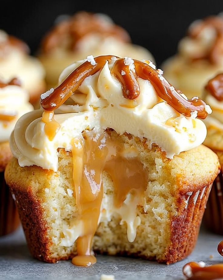 Indulge in the ultimate gooey salted caramel cream cheese cupcakes! A family favorite dessert that will have everyone begging for more. 
#desserts #saltedcaramel #baking #familygatherings