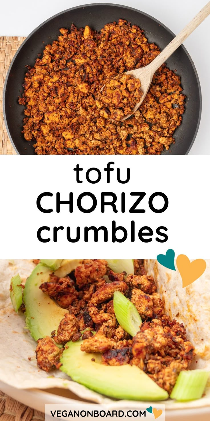 tofu chorizo crumbles in a skillet with text overlay