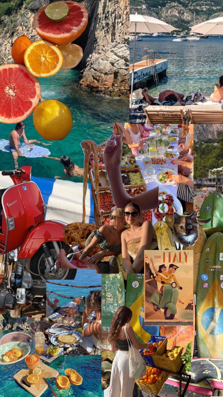 a collage of photos with people and food on the beach, including watermelon