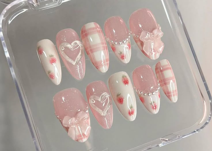 🌹Welcome to our shop on Etsy!🌹 🎀Our Dreamy Pink Press On Nails nail set on Etsy! Unique and delicately designed, this nail set will make you cute and charming.🎀 🌺 This nail sticker set gives you a professional and convenient nail experience right at home. With a series of cute heart and button designs along with lovely bride and groom images, we are committed to giving you a fresh and pure look. 🌟In particular, this nail set is decorated with outstanding 3D art patterns, creating a fashionable and sophisticated effect. We have paid special attention to creating delicate details such as daisies and berries to bring you an energetic and soothing feeling with every look. 🌺Made from high quality materials, our glued nails are extremely durable, will not break or peel so you can use them Makeup Tip, Fake Nails Designs, Cute Simple Nails, Heart Nail Art, Korean Nails, Acrylic Press On Nails, Girly Acrylic Nails, Pretty Gel Nails, Really Cute Nails