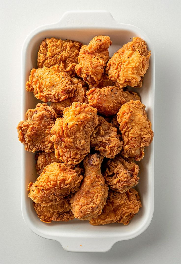 fried chicken in a white dish on a table