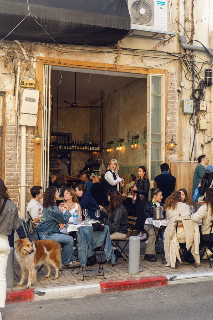 people sitting at tables in front of an open door with a dog standing on the sidewalk