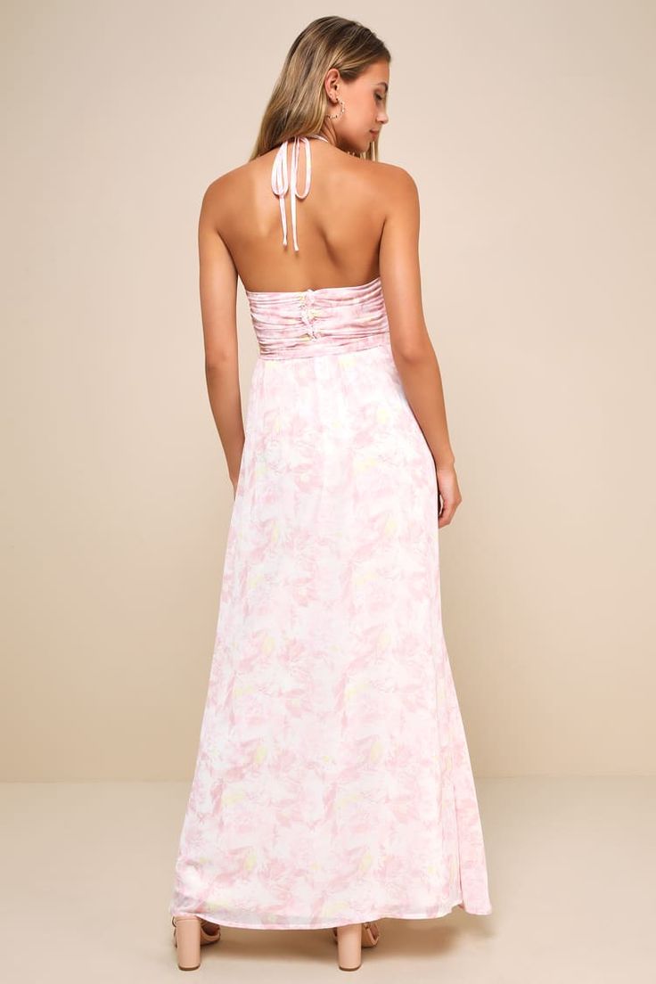 Light Pink Floral Maxi Dress - Ruched Midi Dress - Halter Dress - Lulus Pink Dress Long Casual, Pink Floral Wedding Guest Dress, Cute Sundresses Long, Embroidered Dress Formal, Grad Party Dresses, Light Pink Midi Dress, Bright Pink Maxi Dress, Slip Bridesmaids Dresses, Florida Clothes