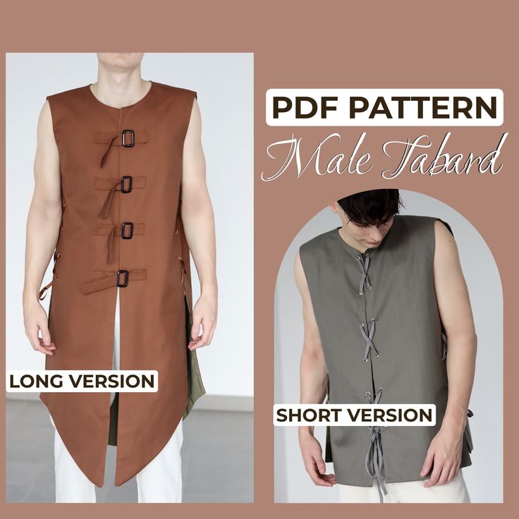 a man wearing a brown vest and white pants with the words, pattern male fashion short version