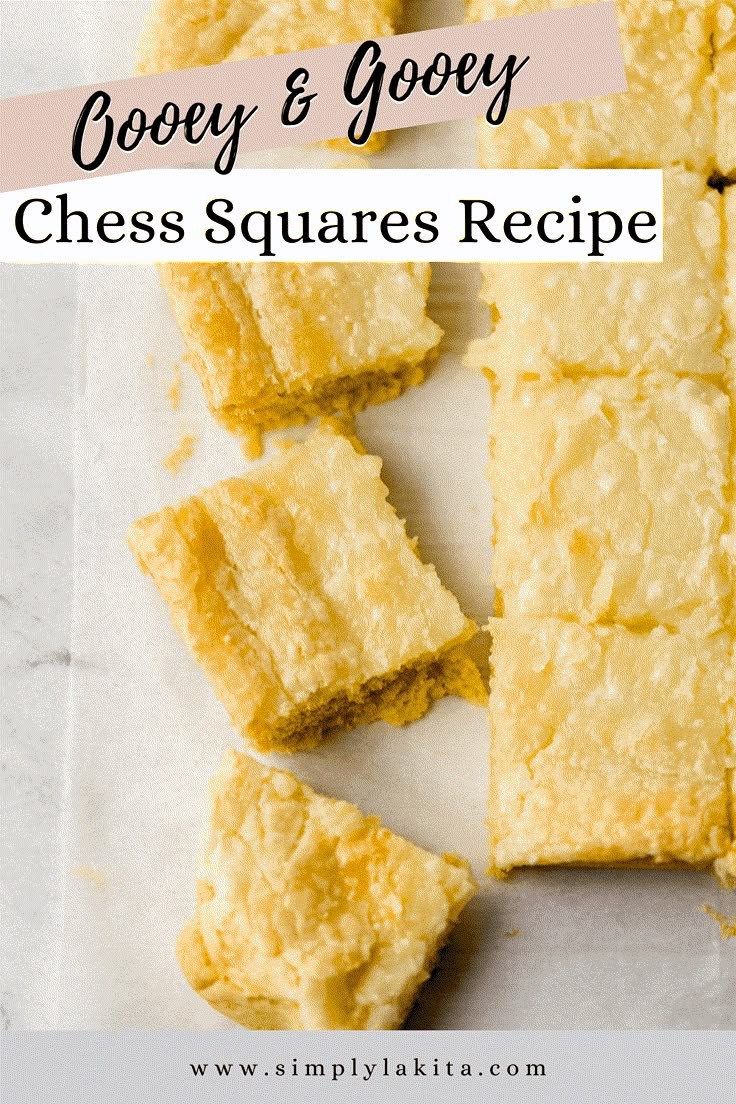 gooey and gooey cheese squares are cut into squares on a piece of parchment paper