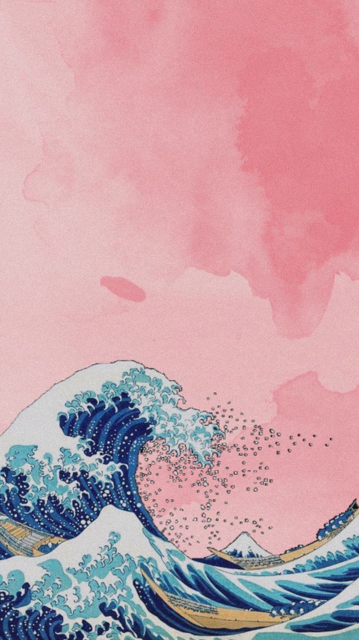 the great wave off kanjika island in pink and blue watercolor on paper