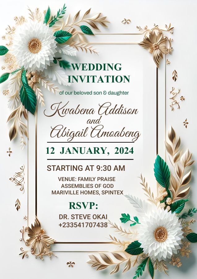 an elegant wedding card with flowers and leaves on the front, in gold and green