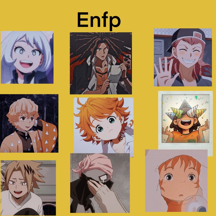 an anime character collage with the words enfp above them and pictures of other characters