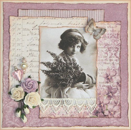 an old fashioned photo with flowers and butterflies on the frame, in pastel tones