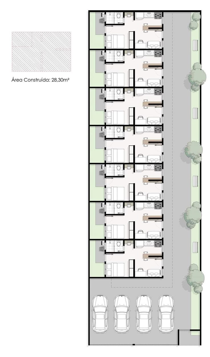 the floor plan for an apartment building with parking spaces and lots of space to move around