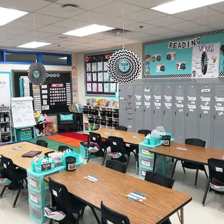 an empty classroom with desks and lockers in the back ground, surrounded by school supplies