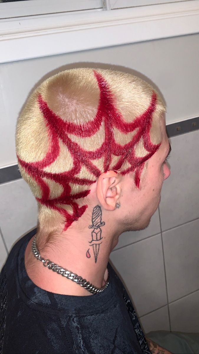 Skull Hair Design, Dyed Hair Designs Shaved Head, Shaves Head Designs, Buzz Colored Hair, Hair Dye Shaved Head, Halloween Shaved Head Design, Hair Dye Ideas For Buzzcut, Buzzed Head Design Men, Buzzed Hair Dye Ideas