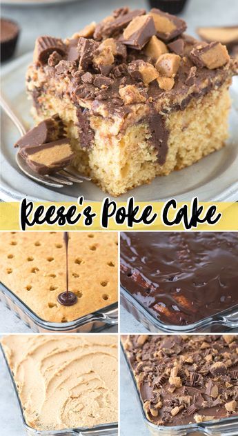 there is a collage of different desserts on the plate with words reese's poke cake