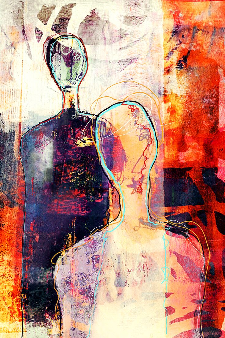 an abstract painting of a man and woman standing next to each other with a mirror on top of their head