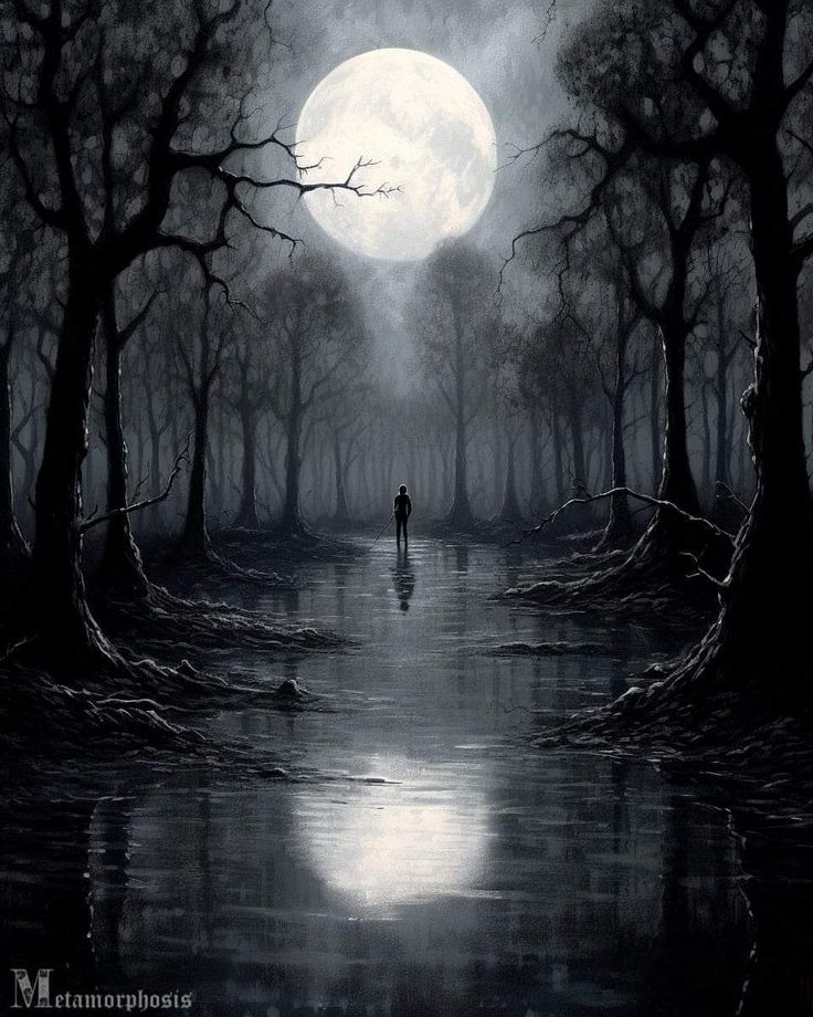 a painting of a person standing in the middle of a forest at night under a full moon