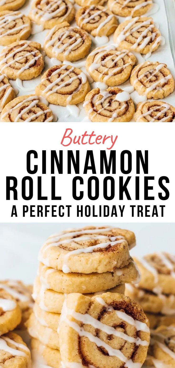 cinnamon roll cookies with icing on top and the words buttery cinnamon roll cookies