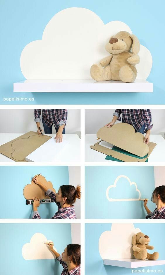 there is a woman that is making a teddy bear out of cardboard and some clouds