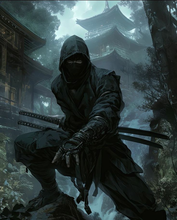 a man in a ninja suit crouching down with his hands on the ground while holding two swords