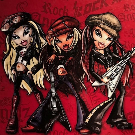 three cartoon girls with guitars and hats, one is wearing a black hat while the other has blonde hair