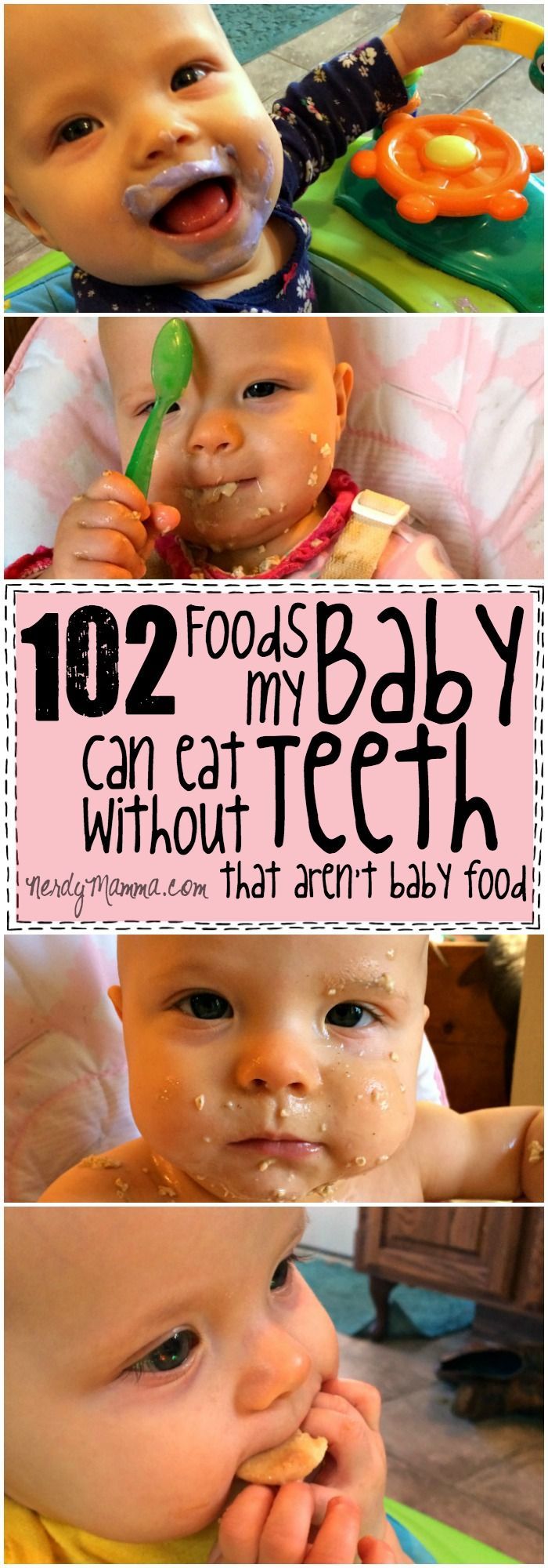 baby teeth with the words 101 foods my baby can eat without teeth