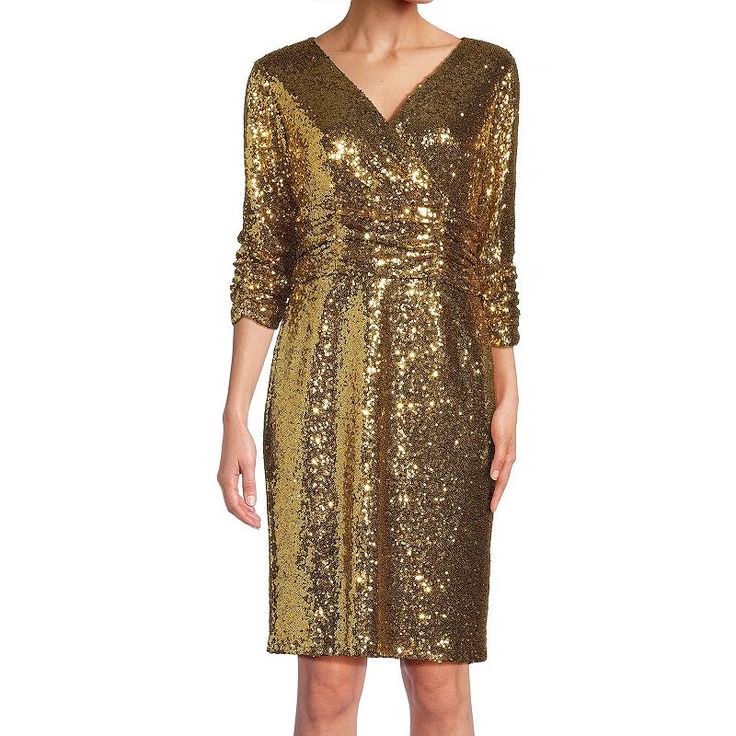 You'll shine at any event in this women's Focus By Shani v-neck sequin dress. Click on this WOMEN'S GUIDE to find the perfect fit and more! You'll shine at any event in this women's Focus By Shani v-neck sequin dress. Click on this WOMEN'S GUIDE to find the perfect fit and more! FEATURES Bodycon styling Sequin construction Zipper back 3/4-length sleeves Fully lined V-neckFIT & SIZING 39-in. length from shoulder to hem Midi length hits below the kneeFABRIC & CARE Body & lining: polyester Dry clean Imported Size: 2. Color: Gold. Gender: female. Age Group: adult. Bodycon Styling, Sequin Dress, Fabric Care, Midi Length, Gender Female, Size 16, Age Group, Length Sleeve, Perfect Fit