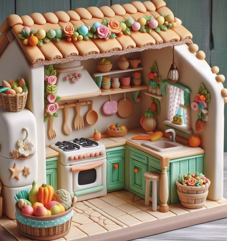 a dollhouse kitchen with green cabinets and white stove top oven next to a basket full of fruit