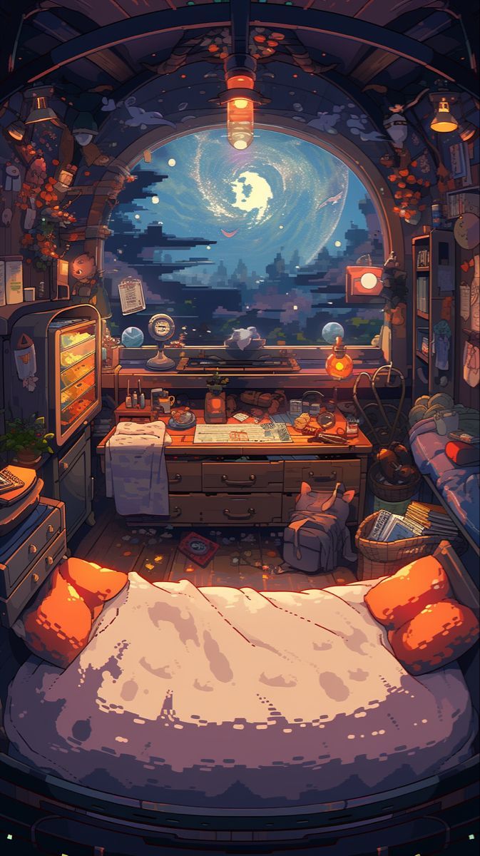 an image of a bedroom with a bed and desk in the corner, looking out at the night sky