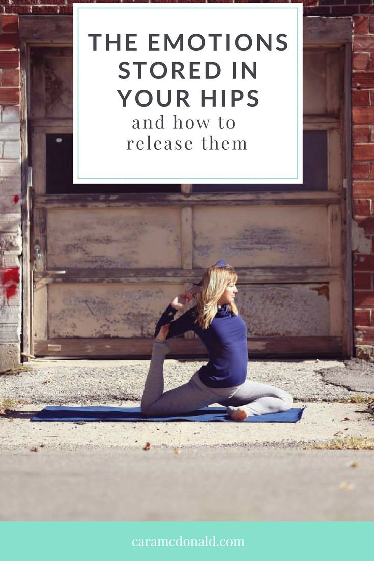 a woman sitting on a yoga mat in front of a garage door with the words, the emotions stored in your hips and how to release them