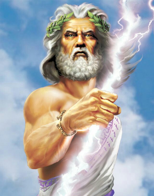 a painting of a man with long hair and a beard holding a lightning bolt in his right hand