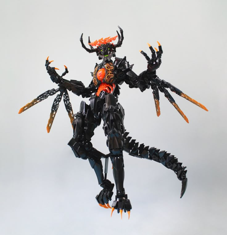 a black and orange robot is flying through the air