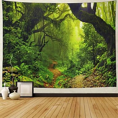 an image of a forest scene with green trees and leaves on the wall, in front of a wooden floor