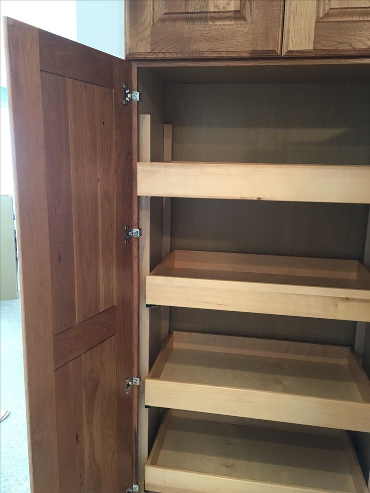 an open wooden cabinet with shelves in it