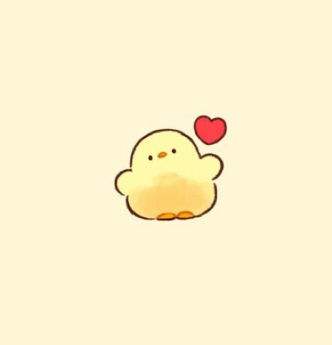 a small yellow bird with a red heart on it's back end, sitting in front of a beige background