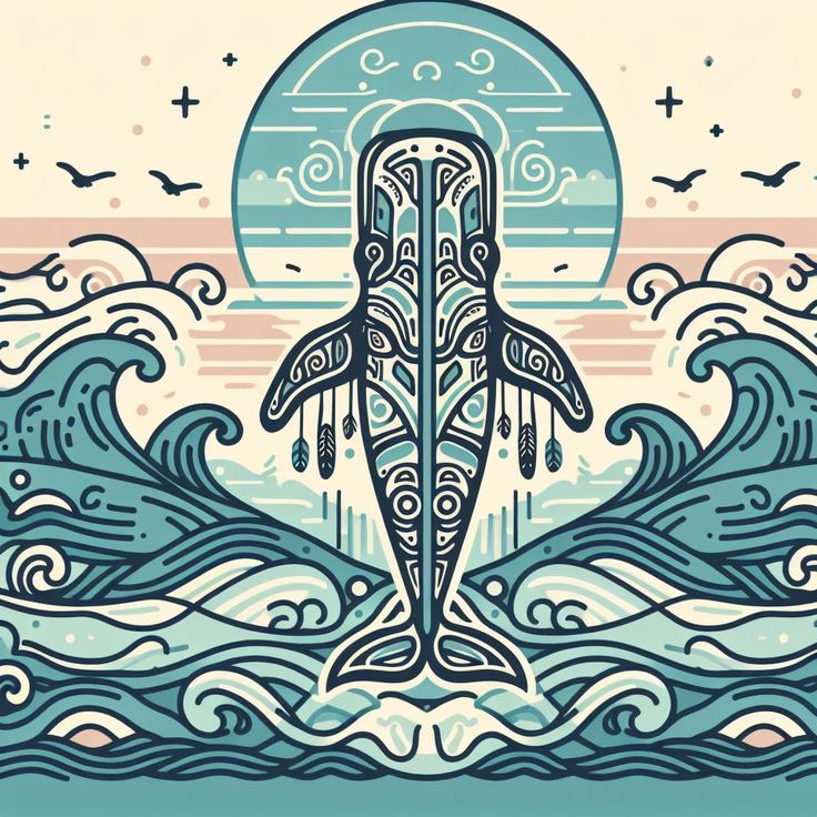 an illustration of a whale in the ocean with waves and birds flying around it's head