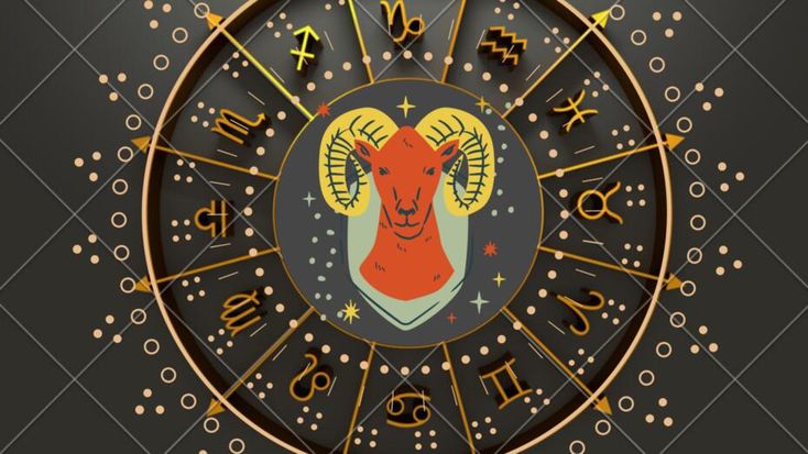 the zodiac sign for aries is shown in gold and black with an image of a goat's head