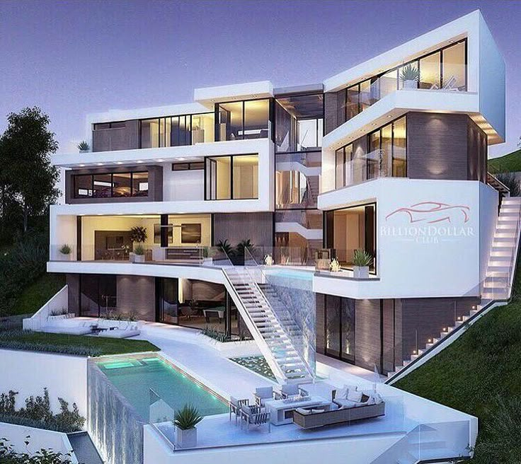 this is an artist's rendering of a modern mansion in the hills above town