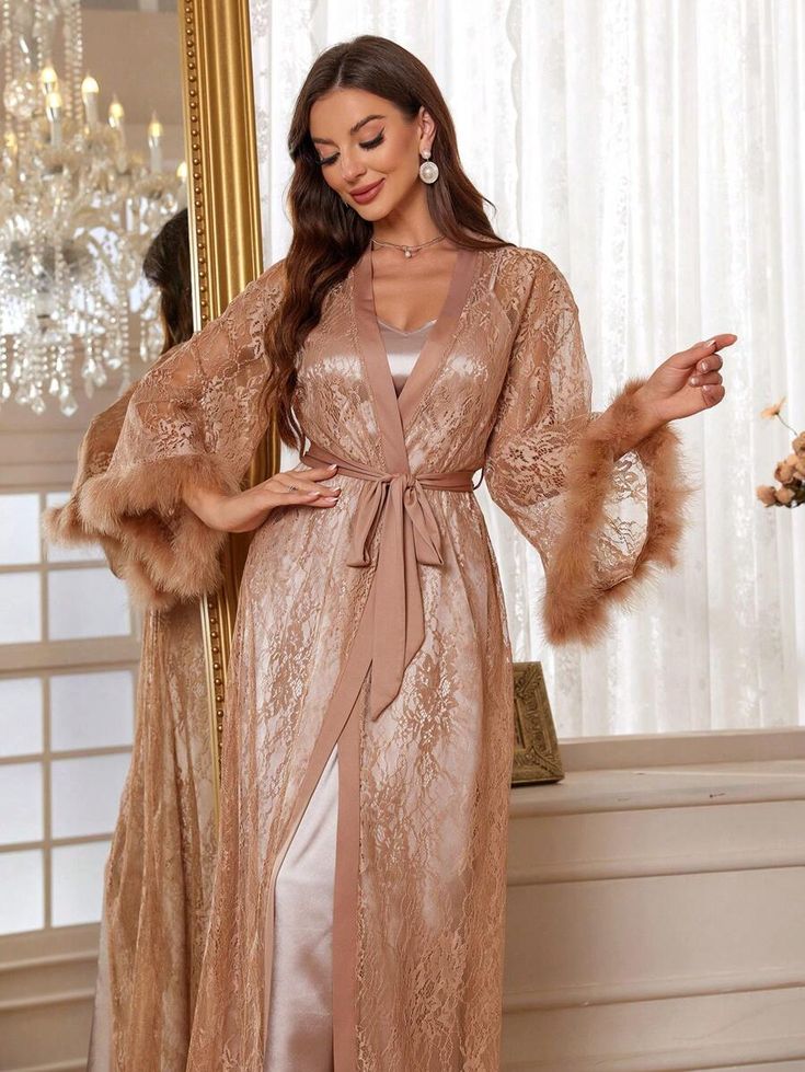 Style:Gorgeous-Luxury \nDetails:Belted \nDetails:Contrast Faux Fur \nDetails:Contrast Lace \nColor:Khaki \nType:Dress Sets \nNeckline:Spaghetti Strap \nSleeve Type:Drop Shoulder \nFit Type:Regular Fit \nWaist Line:High Waist \nSheer:No \nNumber of Pieces:2 Piece Set \nFabric:Non-Stretch \nCare Instructions:Machine wash or professional dry clean \nBelt:Yes \n Fur Nightgown, Shorts Sleepwear, Satin Nightgown, Dress Sets, Lace Patchwork, Night Wear, Sleepwear Sets, Pajama Set Women, Pajama Sets