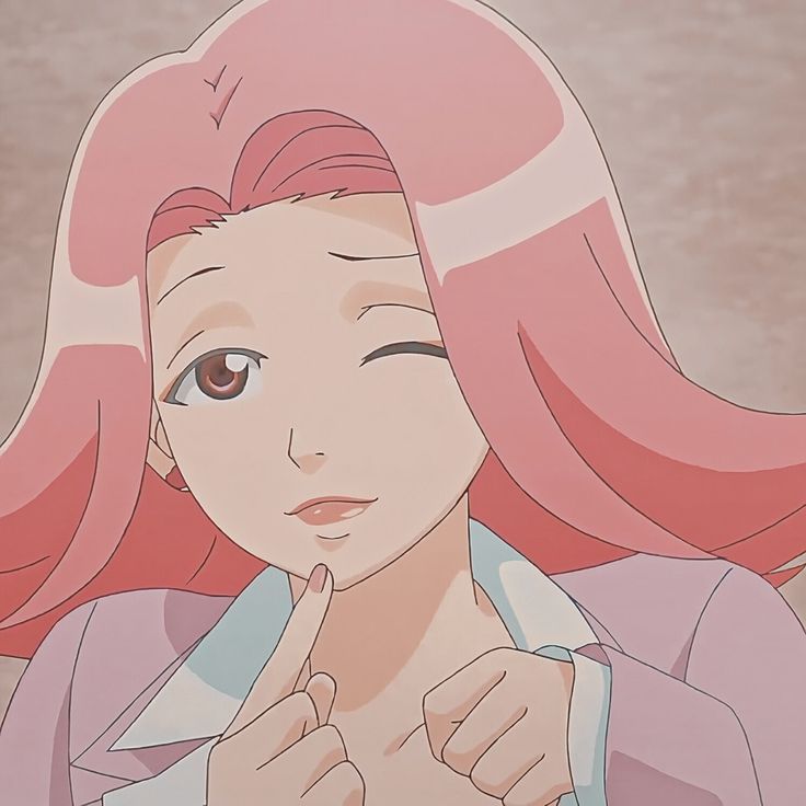 an anime character with pink hair pointing at her finger